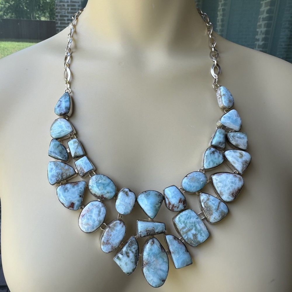 VTG Choker Bib‎ Necklace Pectolite Larimar Gems Blue 925 Sterling Silver 135.8g
